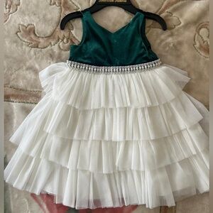 Green and White Tiered Dress with Beaded Waist